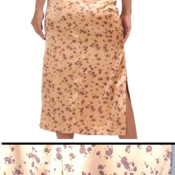 Zara gold / brown floral satin midi skirt with side slit - Picture 11 of 13